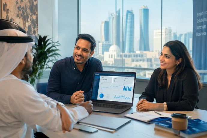OdooEdge founders consulting with a client on an Odoo ERP dashboard in a Sharjah office