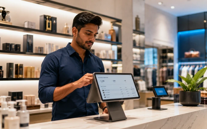 South Asian retail manager using a tablet point-of-sale system in a premium Dubai retail store with inventory information displayed on screen.