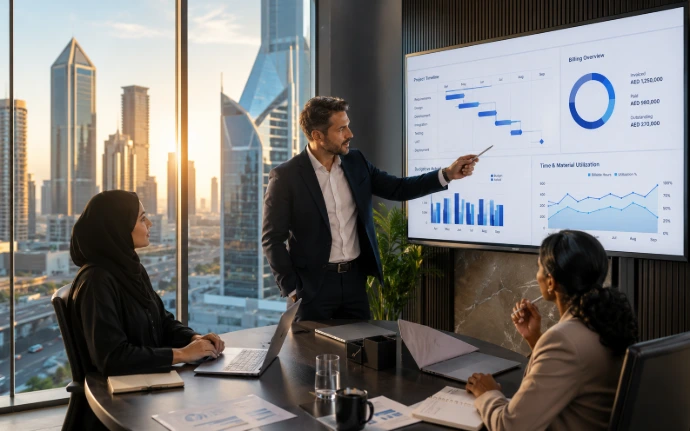 Diverse consulting team reviewing project dashboards and business analytics during a strategy meeting in a modern Dubai office overlooking the DIFC skyline.