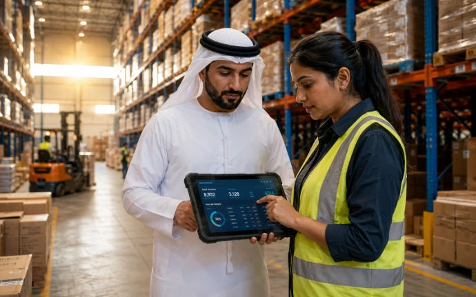 Emirati operations manager and South Asian manager reviewing warehouse inventory on a rugged tablet inside a large UAE logistics warehouse.