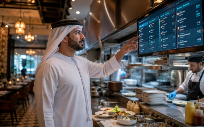 Arab restaurant manager reviewing digital kitchen orders on a wall-mounted display in a modern UAE restaurant during service preparation.