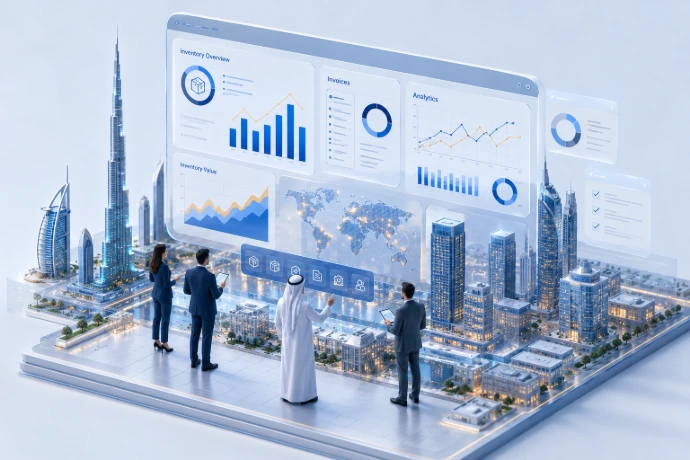 3D isometric ERP command center with floating analytics dashboards above the Dubai skyline illustrating business management and digital transformation.