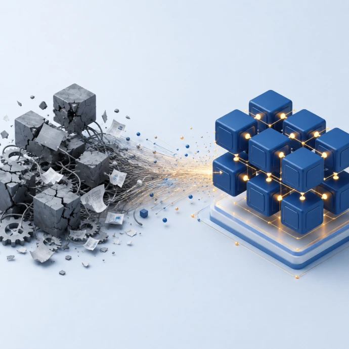 Illustration of disconnected legacy business systems transforming into an integrated Odoo ERP platform