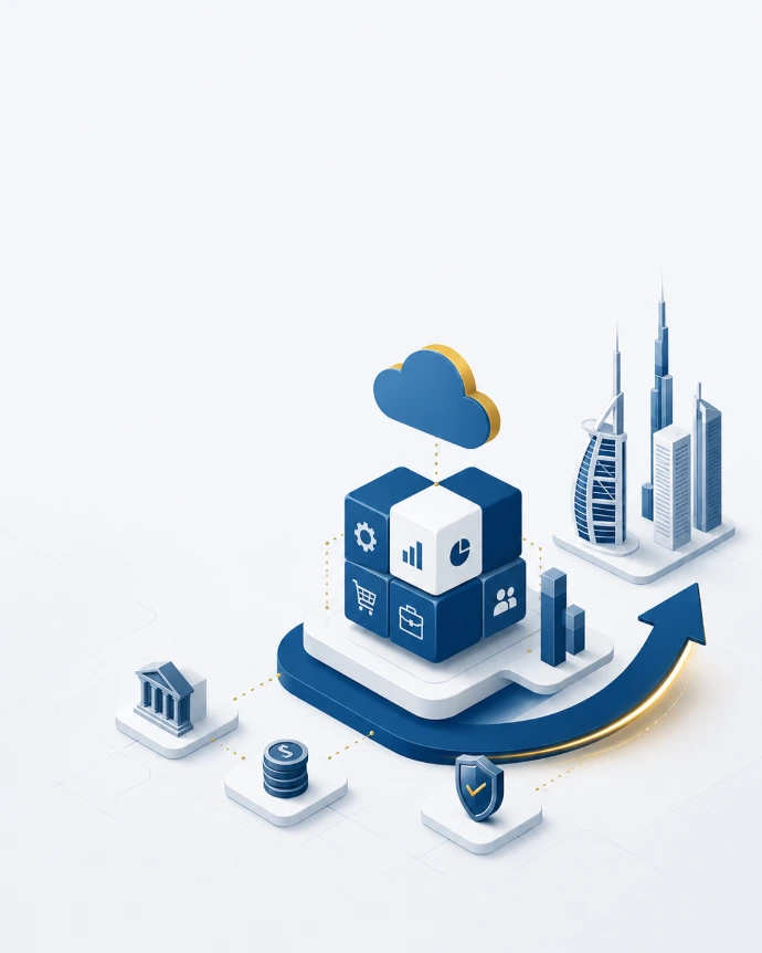 Isometric illustration of an integrated Odoo ERP platform with connected business apps above a UAE skyline