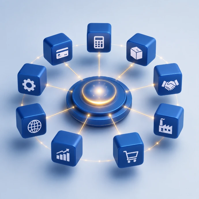Odoo ERP modules including accounting, inventory, CRM and HR connected to one central platform