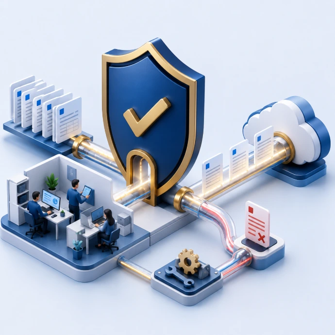 Shield illustration representing FTA-compliant Odoo e-invoicing with automated validation and resubmission