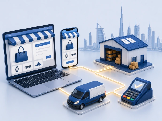 Odoo e-commerce storefront on laptop and phone connected to warehouse, delivery and payment systems in the UAE