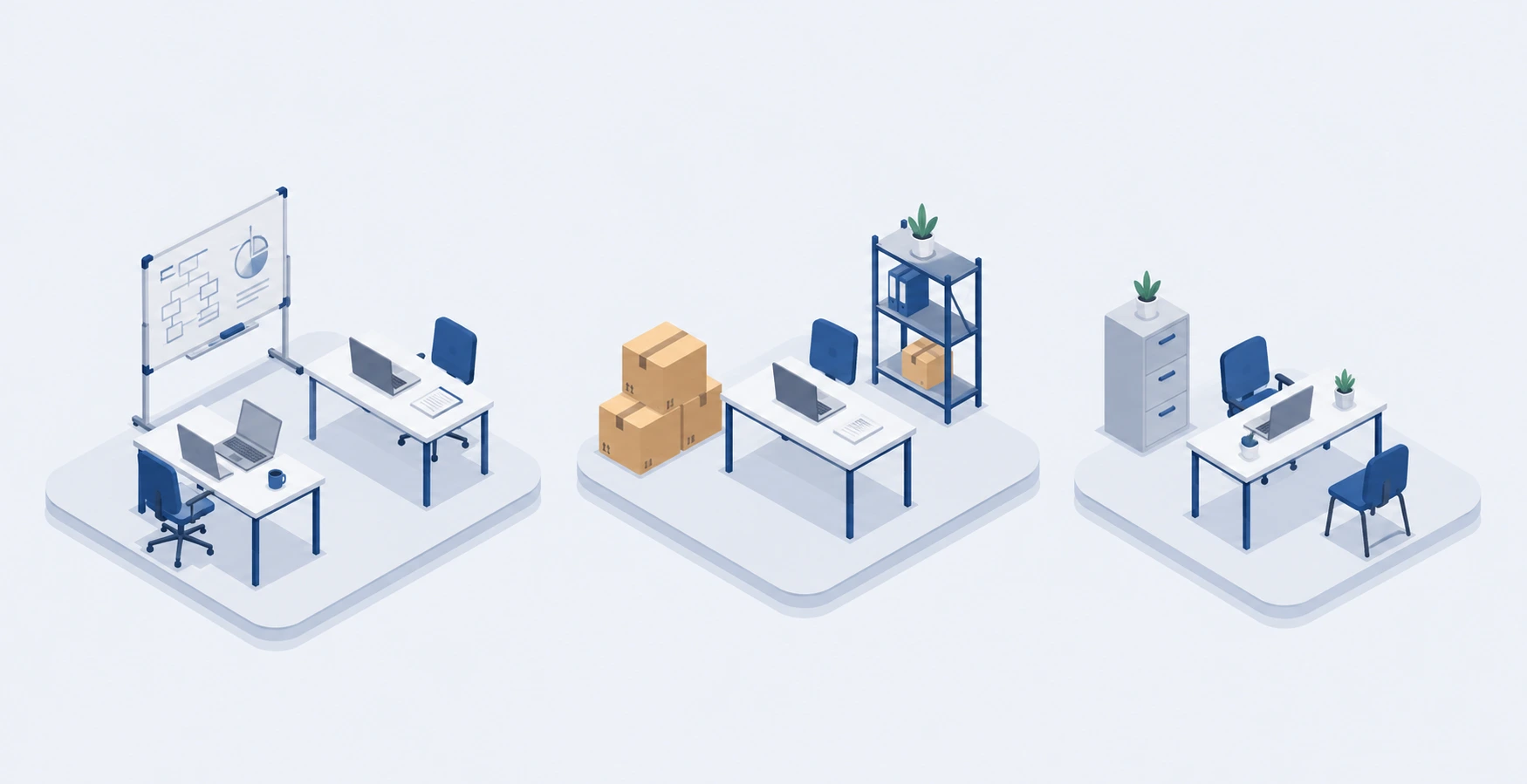Isometric illustration of three small UAE businesses: a consultancy, a small trading office and a one-desk office