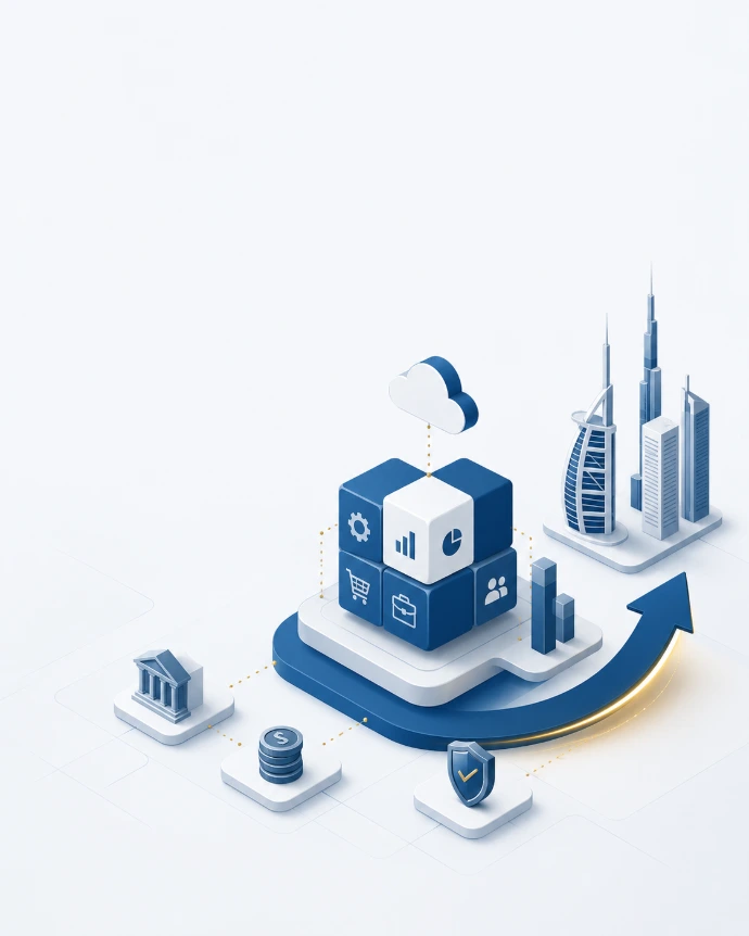 Isometric illustration of UAE Odoo ERP automation with VAT compliance and multi-currency integration.