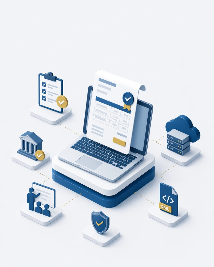 Isometric illustration of UAE e-invoicing system with XML invoices, ASP integration, and compliance workflow.
