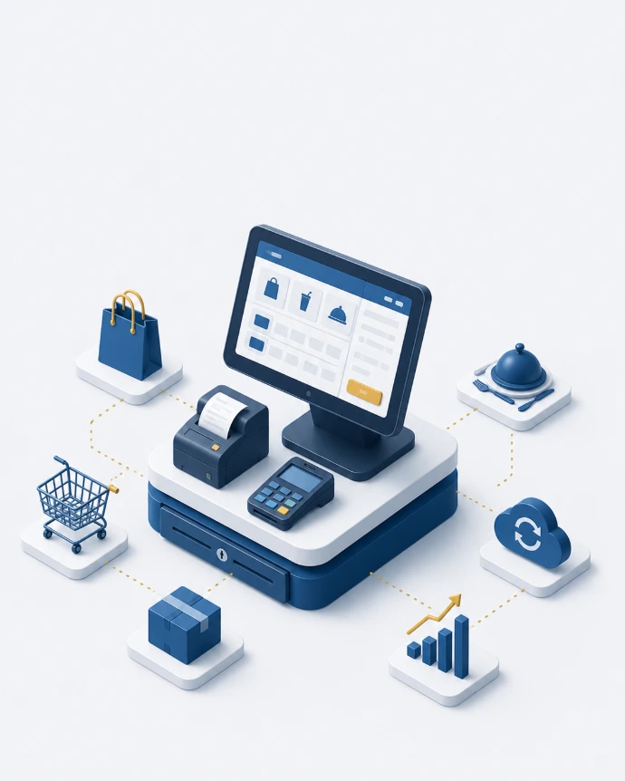 Isometric illustration of modern retail POS system with payment terminal and ERP connectivity.