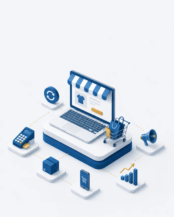 Isometric illustration of UAE e-commerce store with payment gateway integration, inventory sync, and mobile shopping.