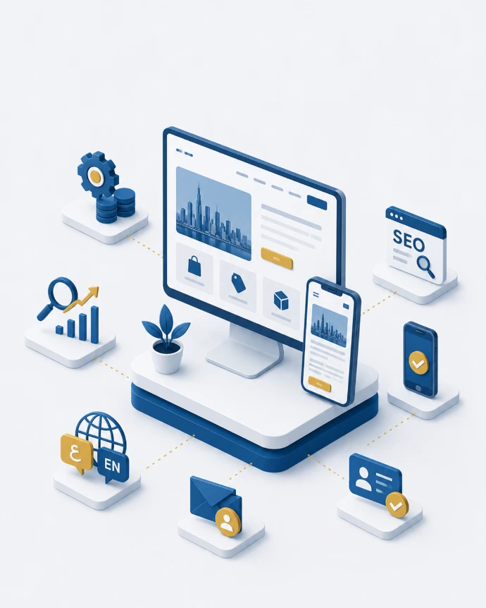 Isometric illustration of ERP-integrated business website with bilingual support, SEO optimization, and CRM integration.